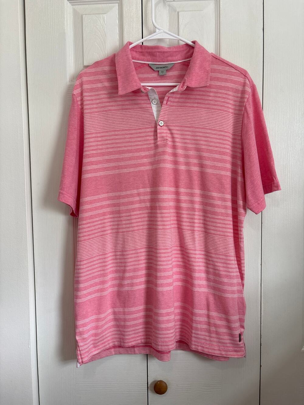 Ashworth Men’s Pink White Striped Lightweight Golf Polo Shirt Large